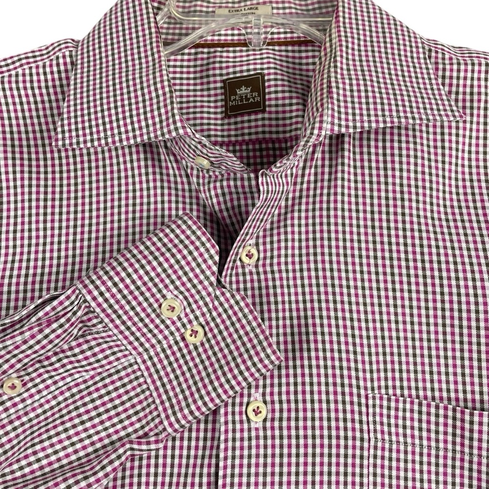 Men's Peter Millar Light Purple & Brown Plaid 100% Cotton Button Down XL‎ 0076